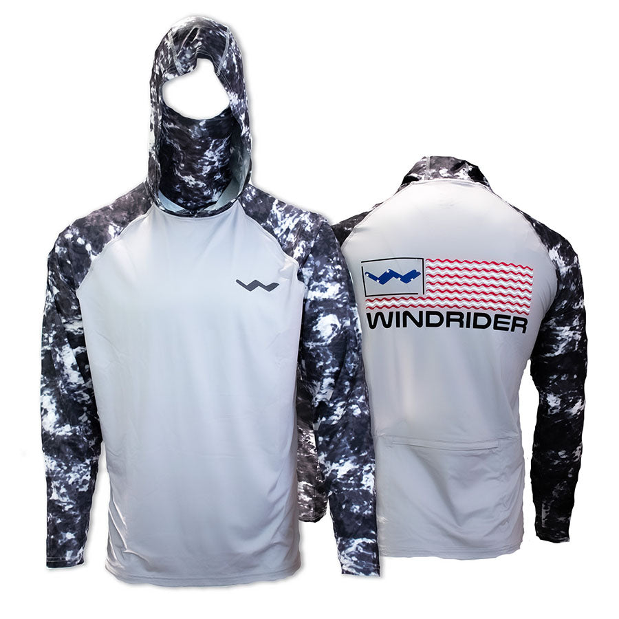 Grey americana hooded fishing shirt with integrated gaiter on white background