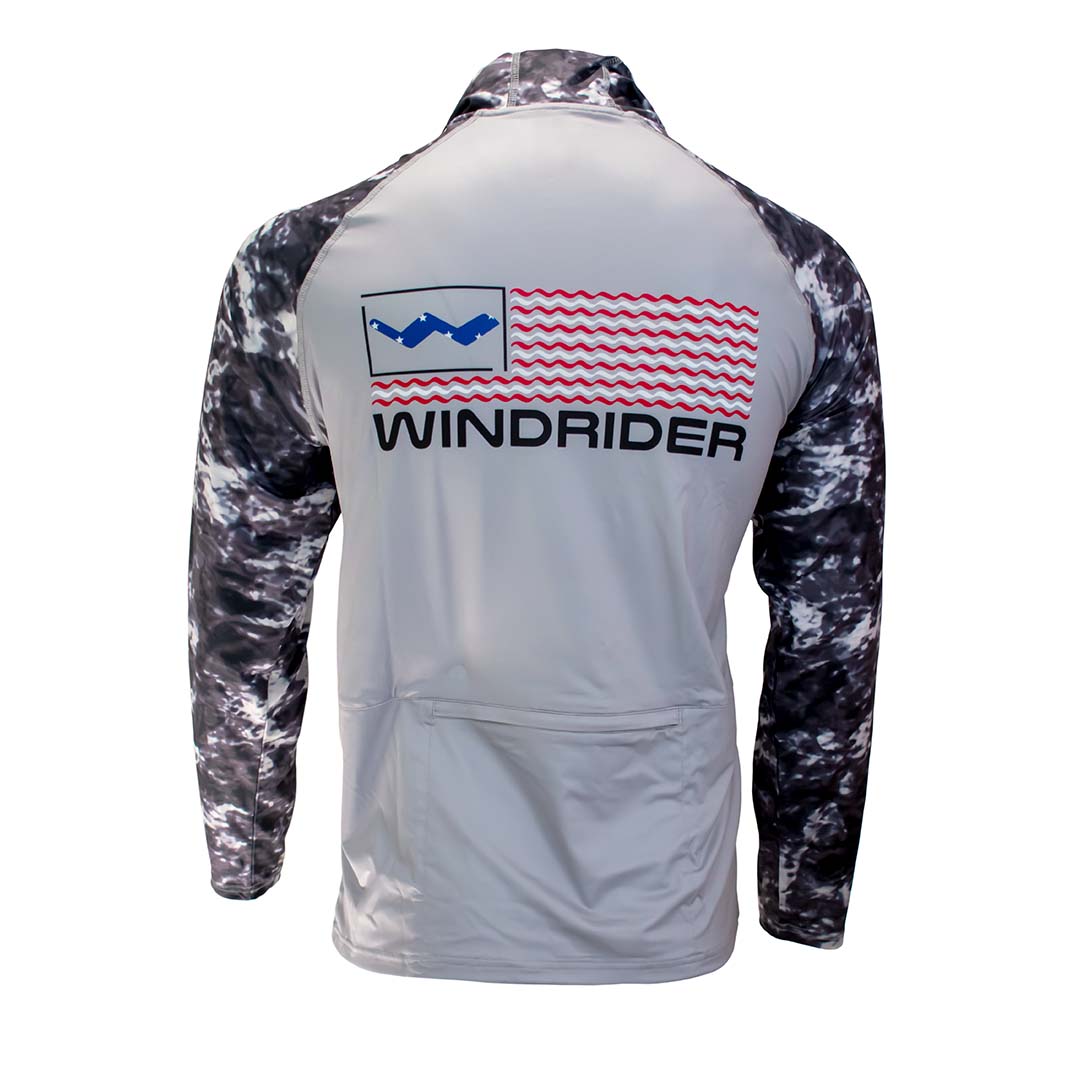 Back view of grey camo hooded fishing shirt showing complete coverage