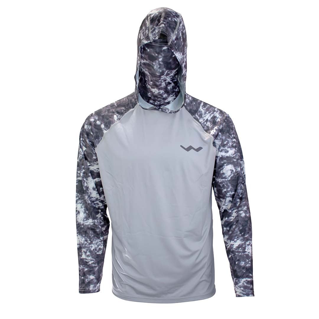 Front view of grey camouflage hooded shirt with gaiter down