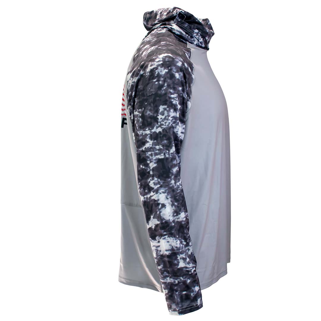 Side view of grey camo hooded shirt showing full sleeve pattern