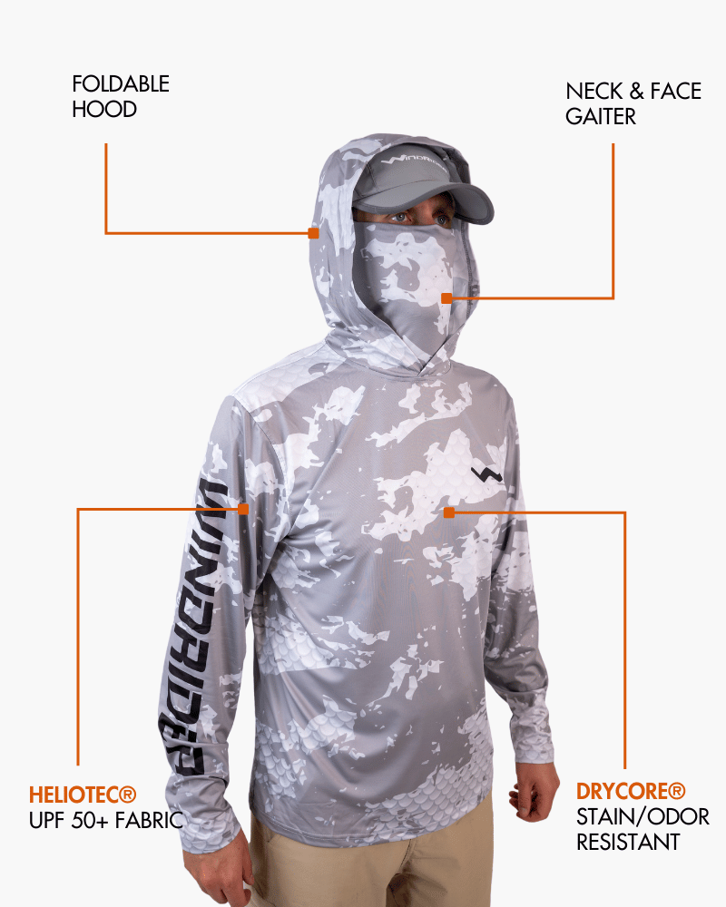 Front angle of grey camo hooded shirt showing integrated face gaiter
