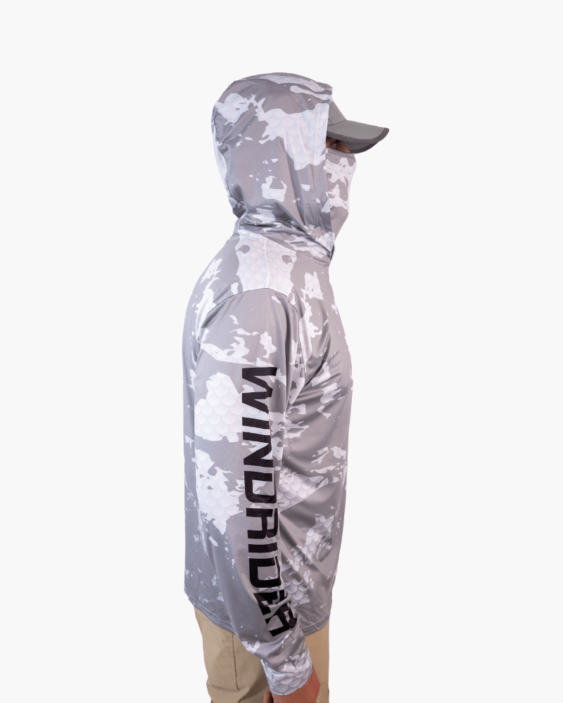 Side view of grey scale armor shirt displaying urban camo sleeves