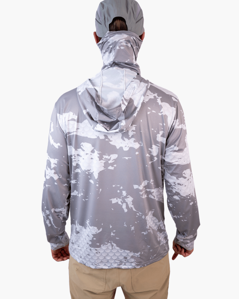 Back view of grey camouflage hooded shirt with full back design