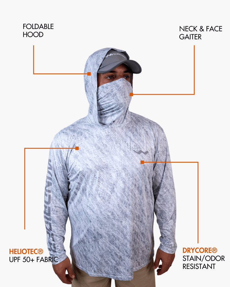 Front angle of light grey camo hooded shirt showing chest branding