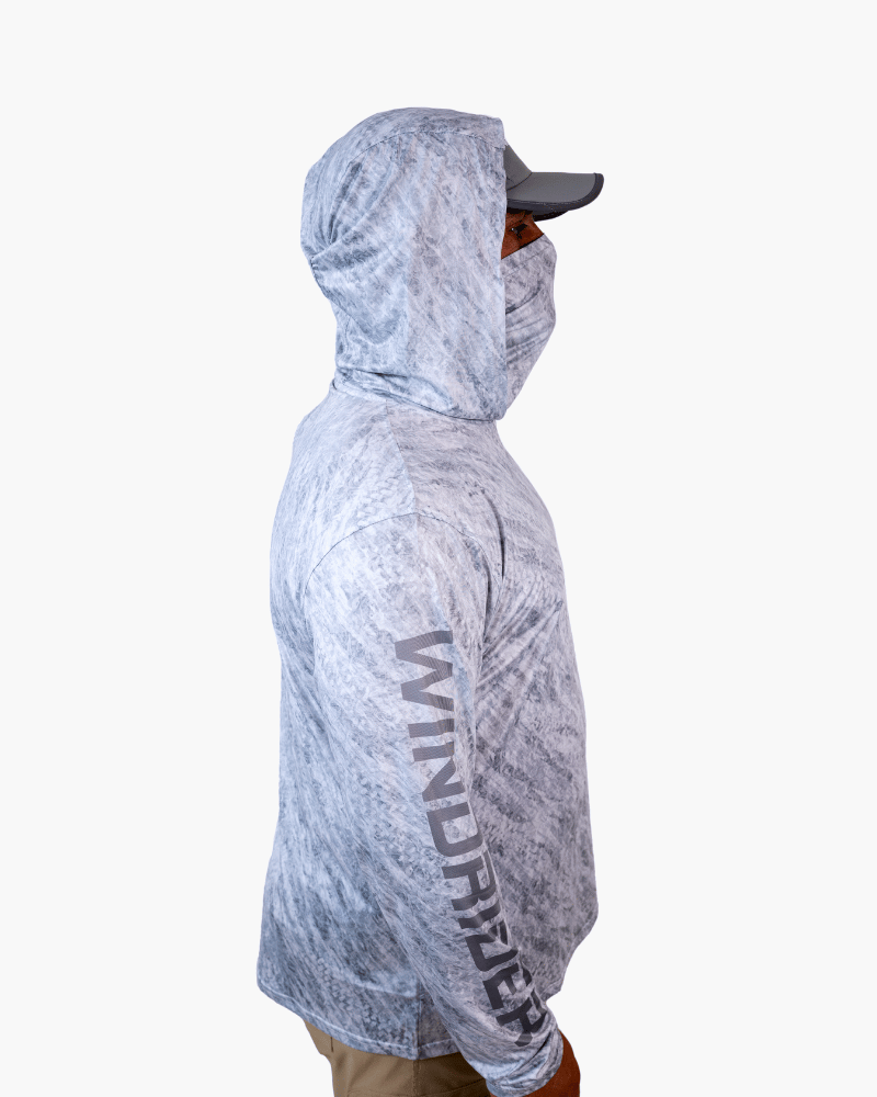 Side view of grey zipcam hooded shirt displaying camo sleeve pattern