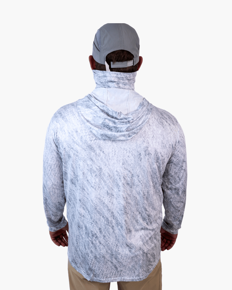 Back view of grey zipcam hooded performance shirt full coverage