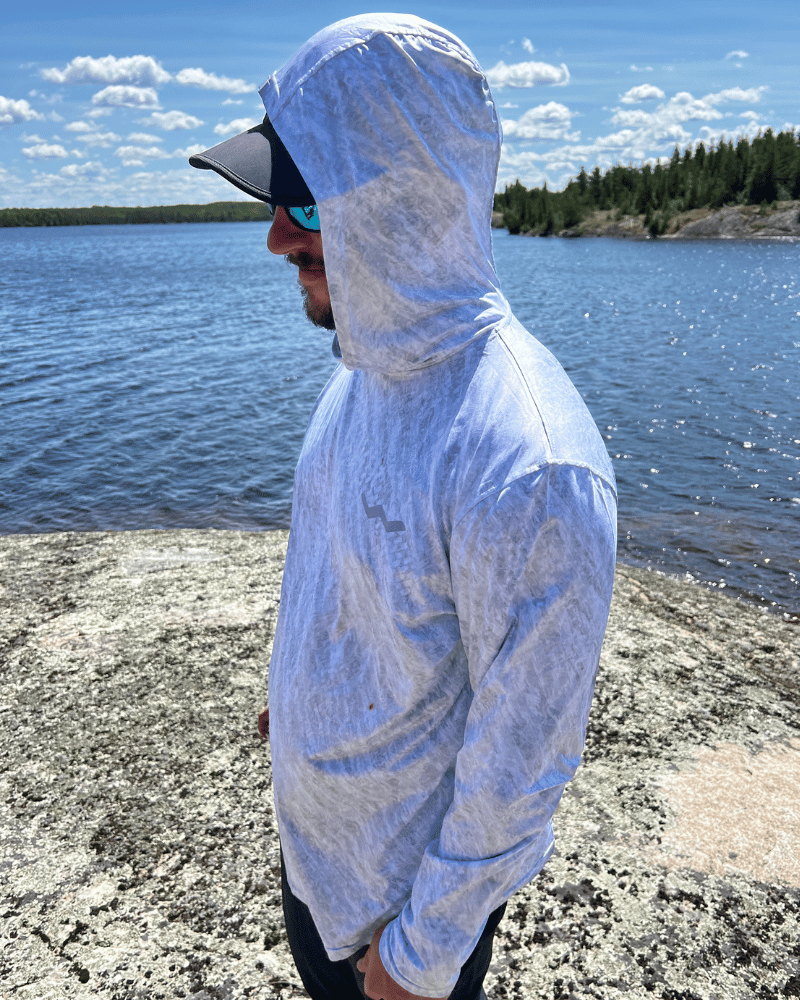 Detail of grey zipcam hooded shirt showing functional features