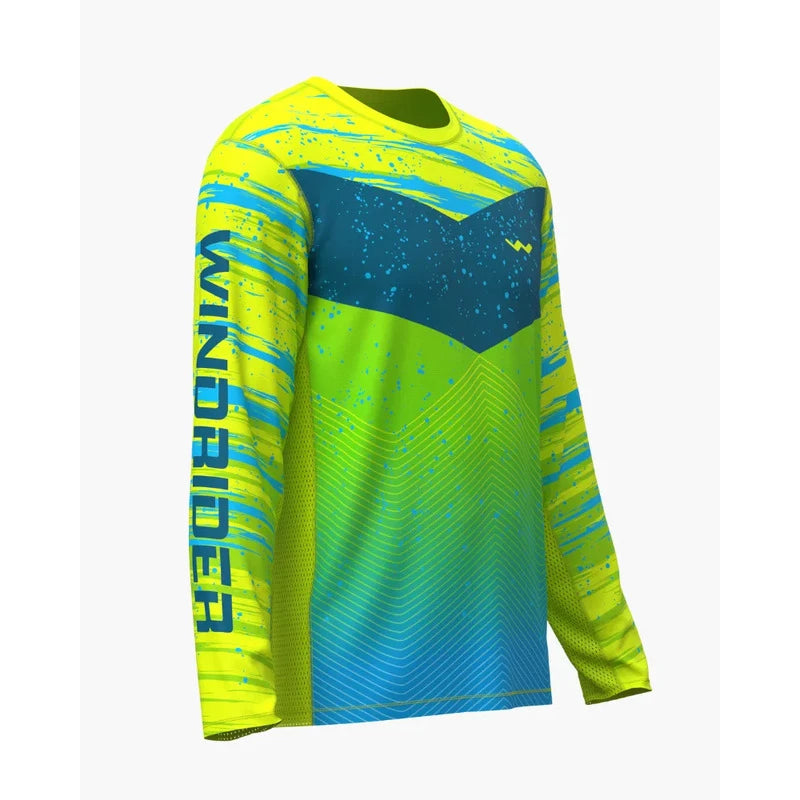 Side view of neon yellow mahi madness shirt showing WindRider sleeve branding