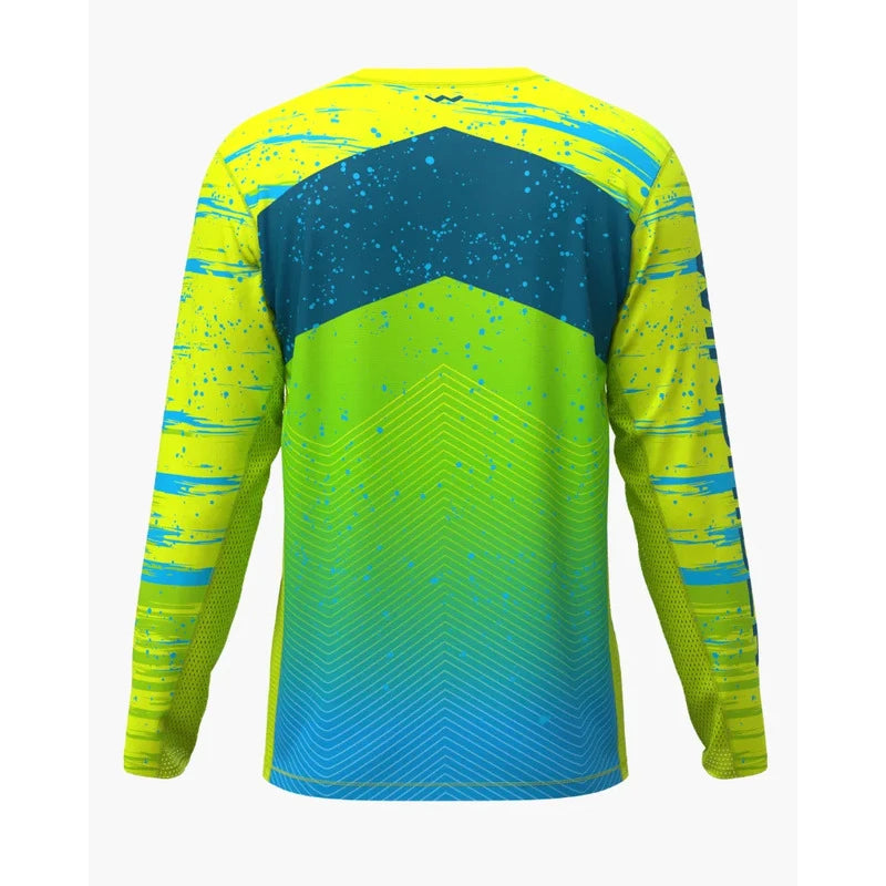 Back view of vibrant yellow and teal geometric pattern fishing shirt