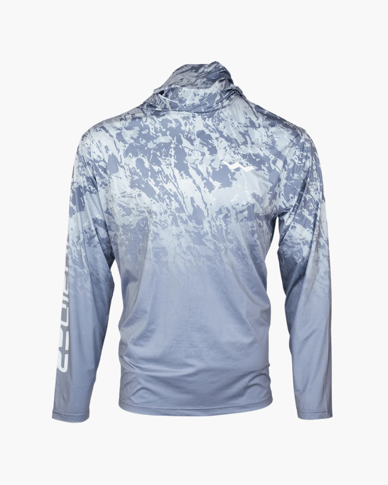 Front angle of morning mist hooded shirt showing subtle pattern