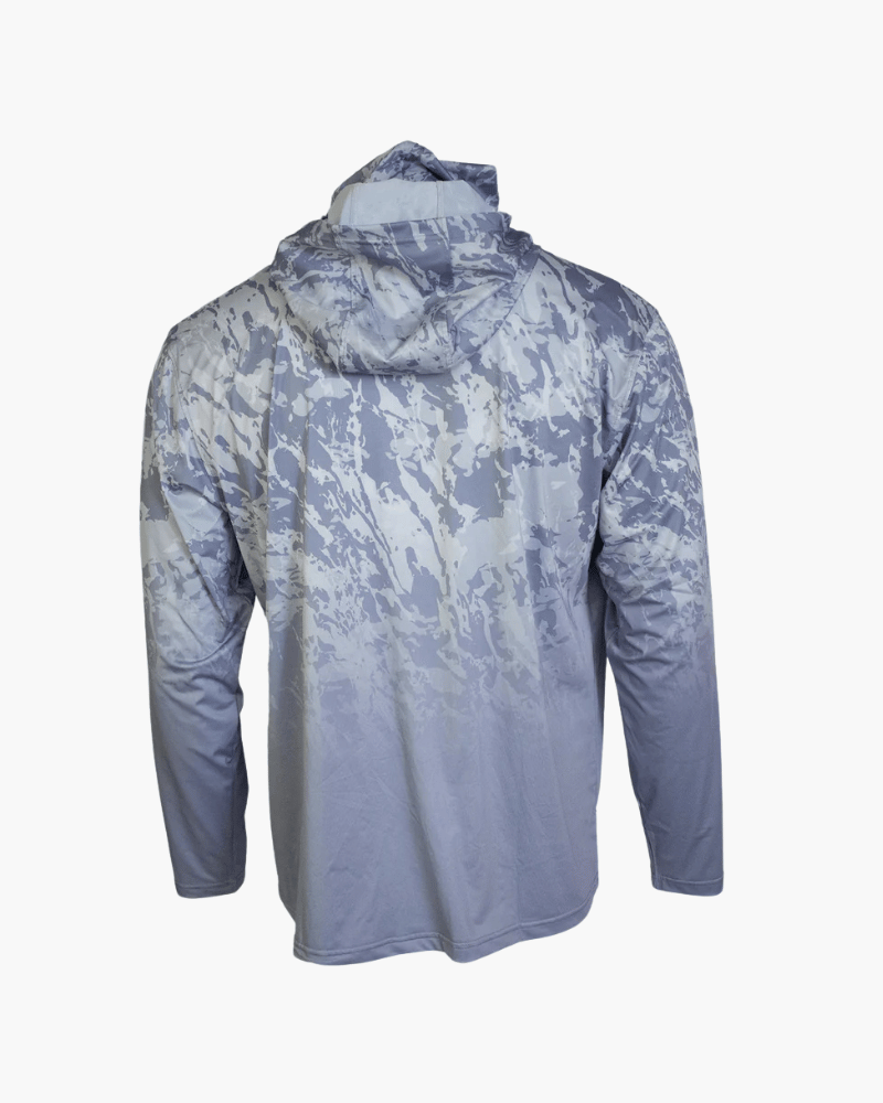 Side view of morning mist hooded shirt with light pattern sleeves