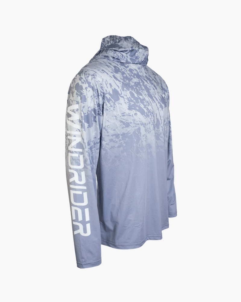 Back view of morning mist hooded fishing shirt full back design