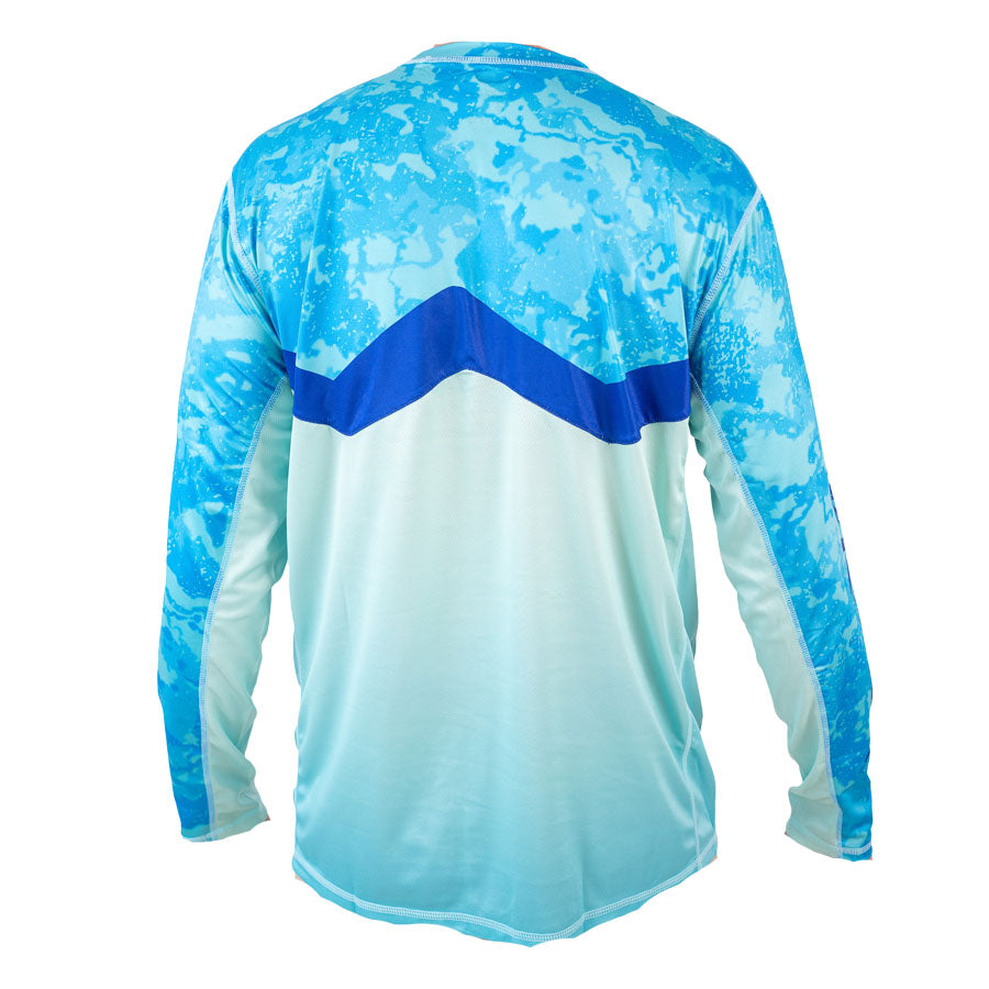 Back view caribbean cove blue pattern sol invictus pro shirt showing mesh ventilation design