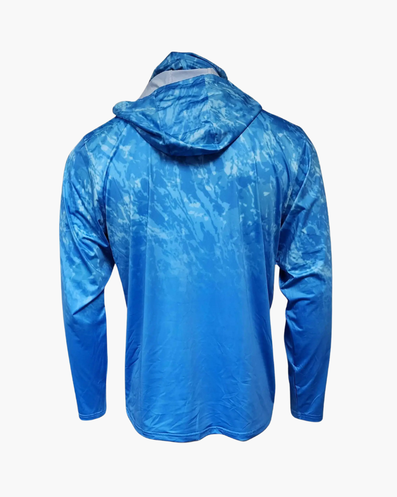 Side view of dark blue stormy seas hooded shirt with hood detail