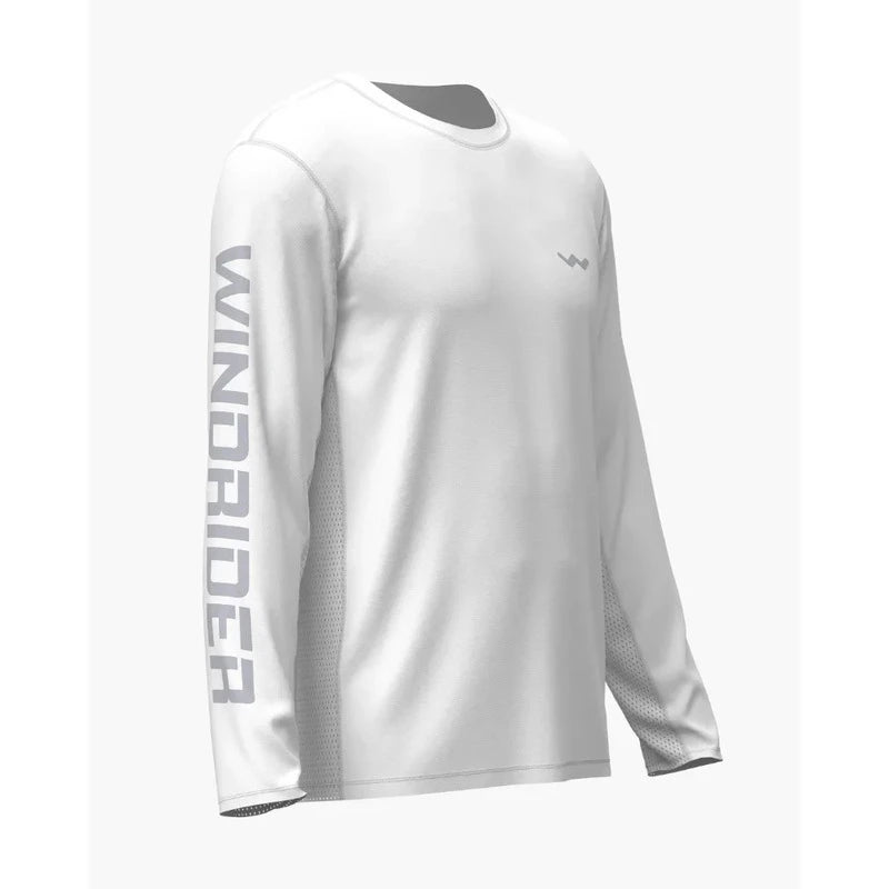 White long sleeve performance fishing shirt with feature callout labels