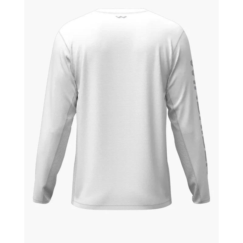 Back angle view of white fishing shirt displaying clean silhouette