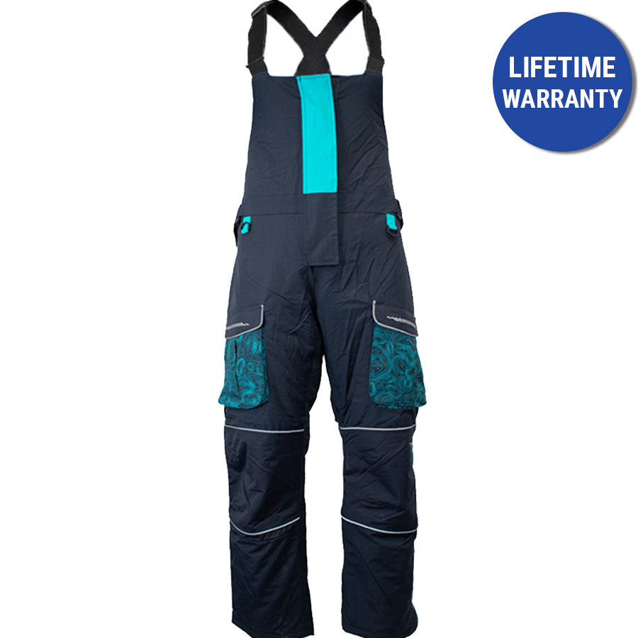 Insulated waterproof ice gear bibs showing functional design features
