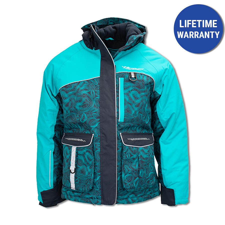 Insulated ice gear jacket detail showing durable construction