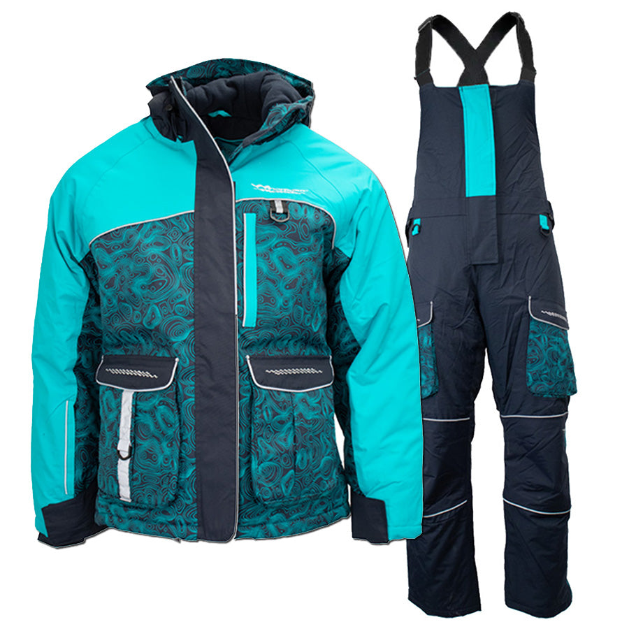 Insulated waterproof ice fishing jacket and bibs set on white background