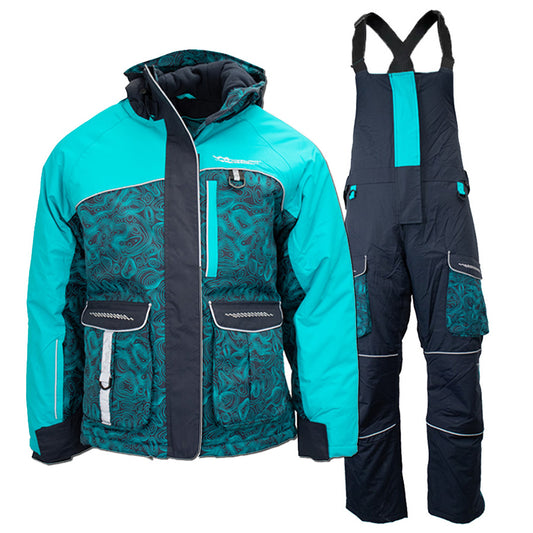 Insulated waterproof ice fishing jacket and bibs set on white background