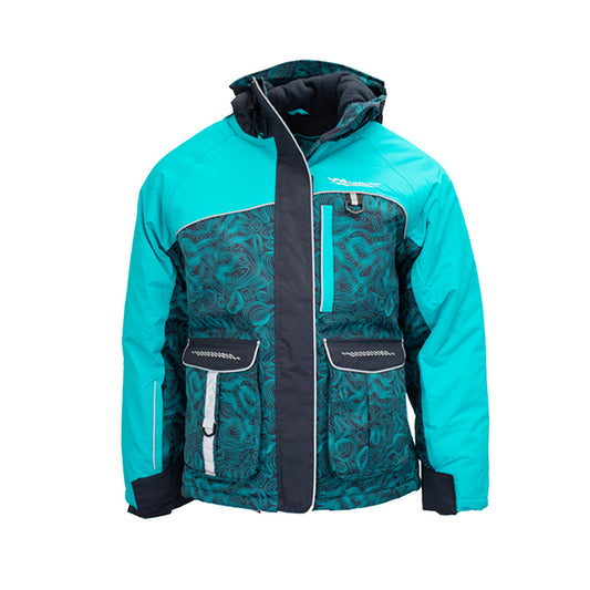 Front view of insulated ice gear jacket with reflective piping and multiple pockets