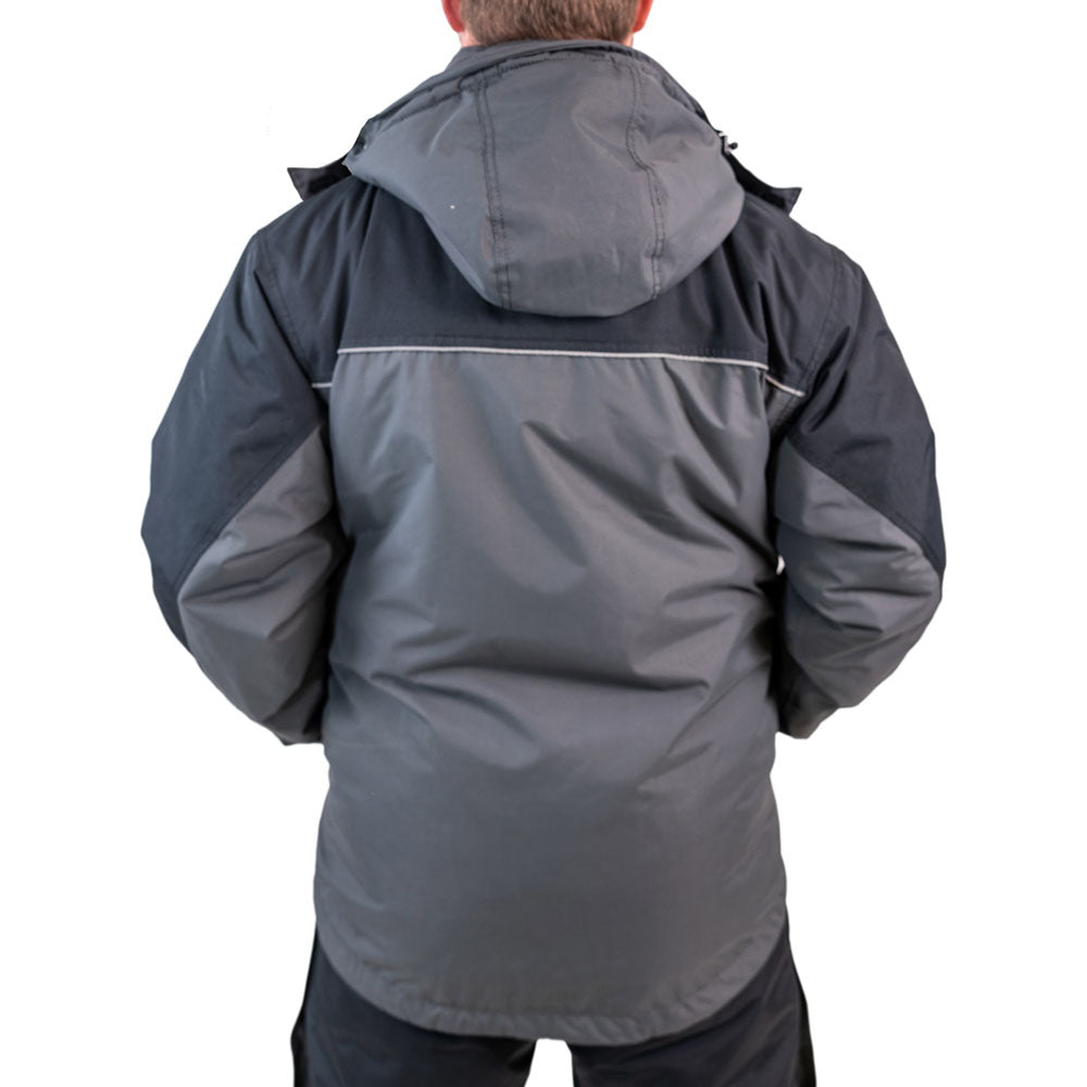 Three-quarter view of grey and navy blue ice gear jacket with hood and storm flaps