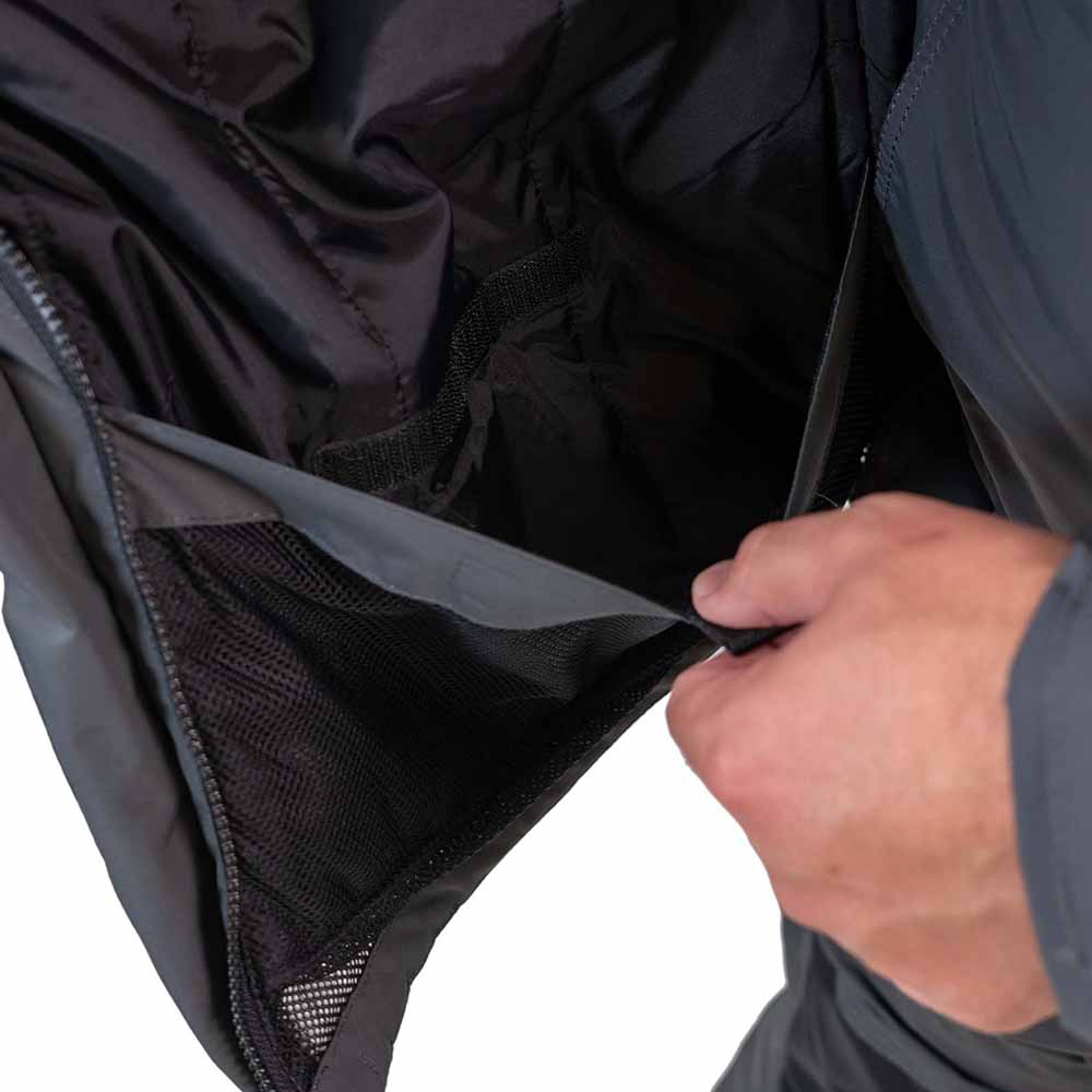 Grey and navy blue ice gear jacket detail showing durable construction