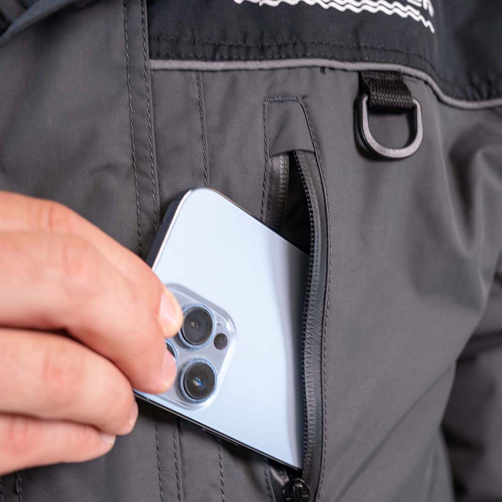 Grey and navy blue ice gear jacket detail showing durable construction