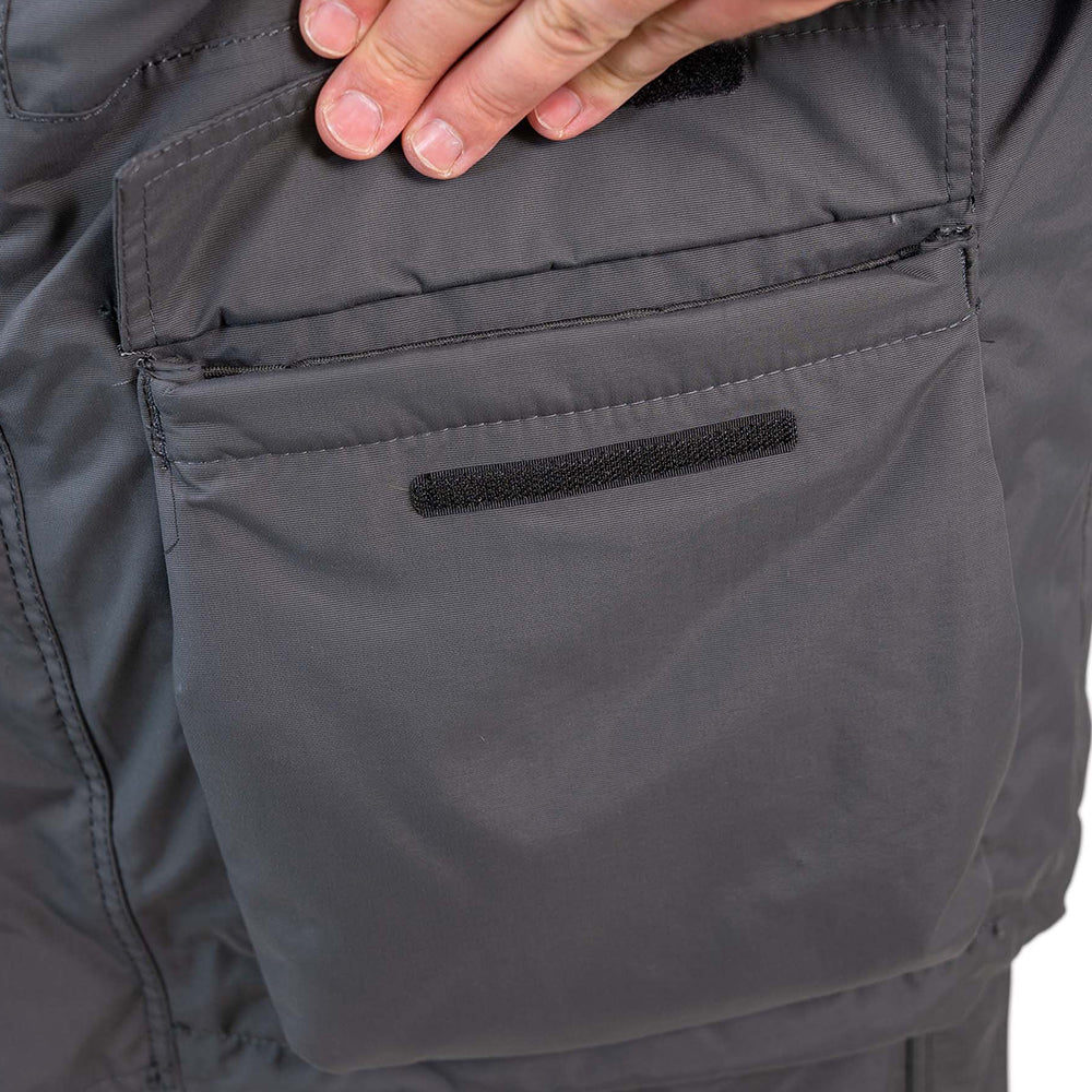 Grey and navy blue ice gear jacket detail showing durable construction