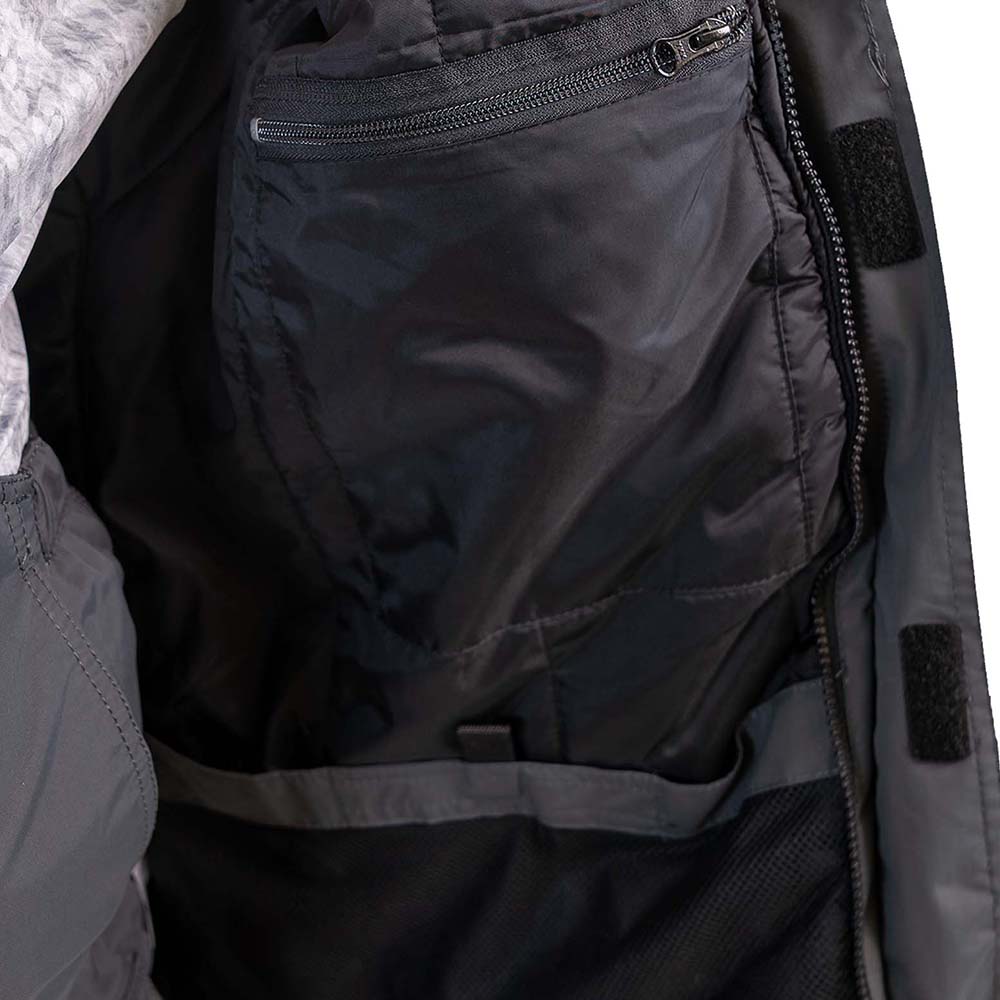 Grey and navy blue ice gear jacket detail showing durable construction