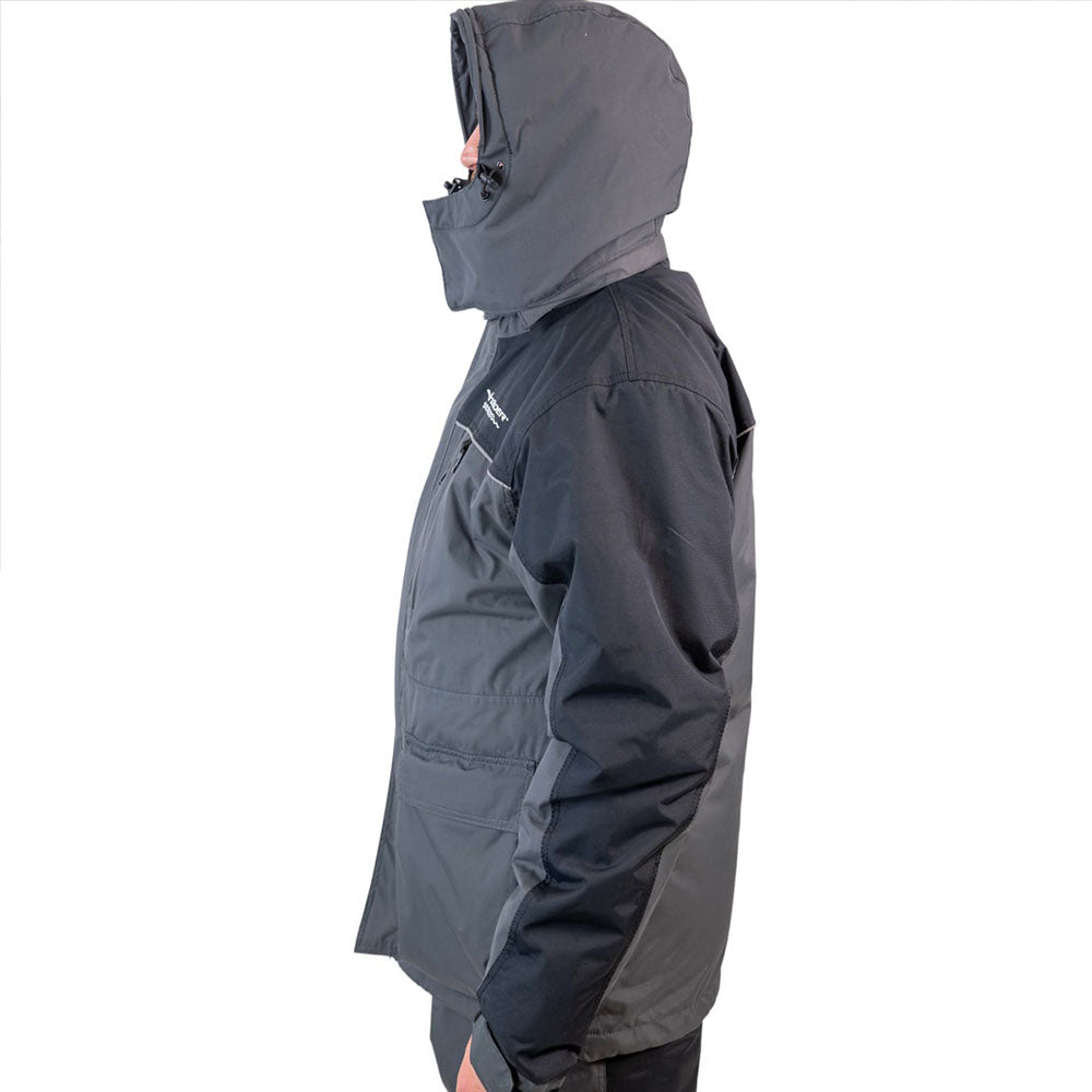Detail of grey and navy blue ice gear gear showing waterproof construction and features