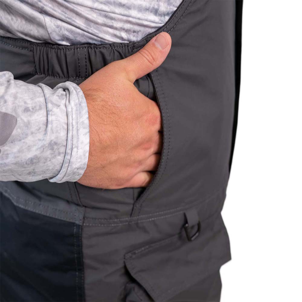 Grey and navy blue waterproof ice gear bibs showing functional design features