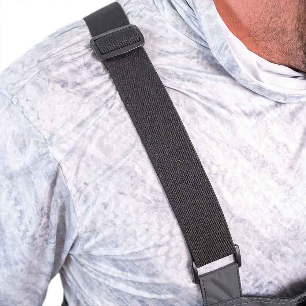 Detail of grey and navy blue ice gear gear showing waterproof construction and features