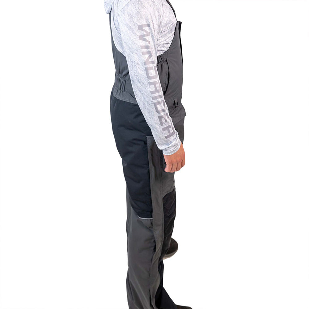 Detail of grey and navy blue ice gear gear showing waterproof construction and features