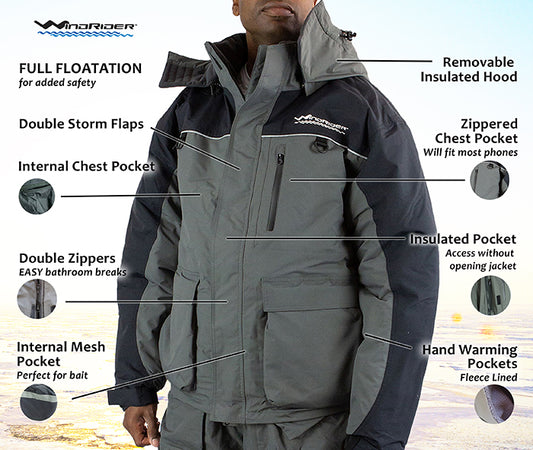 Front view of grey and navy blue ice gear jacket with reflective piping and multiple pockets