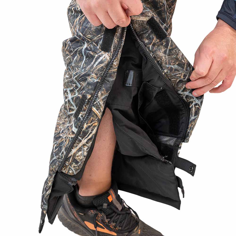 Detail of marsh camo ice gear gear showing waterproof construction and features