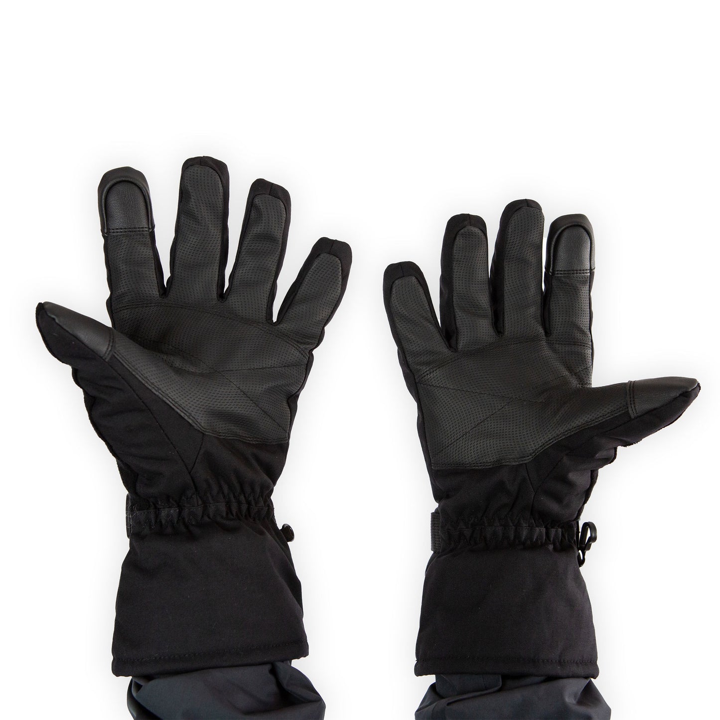 Three-quarter view of insulated ice gear jacket with hood and storm flaps