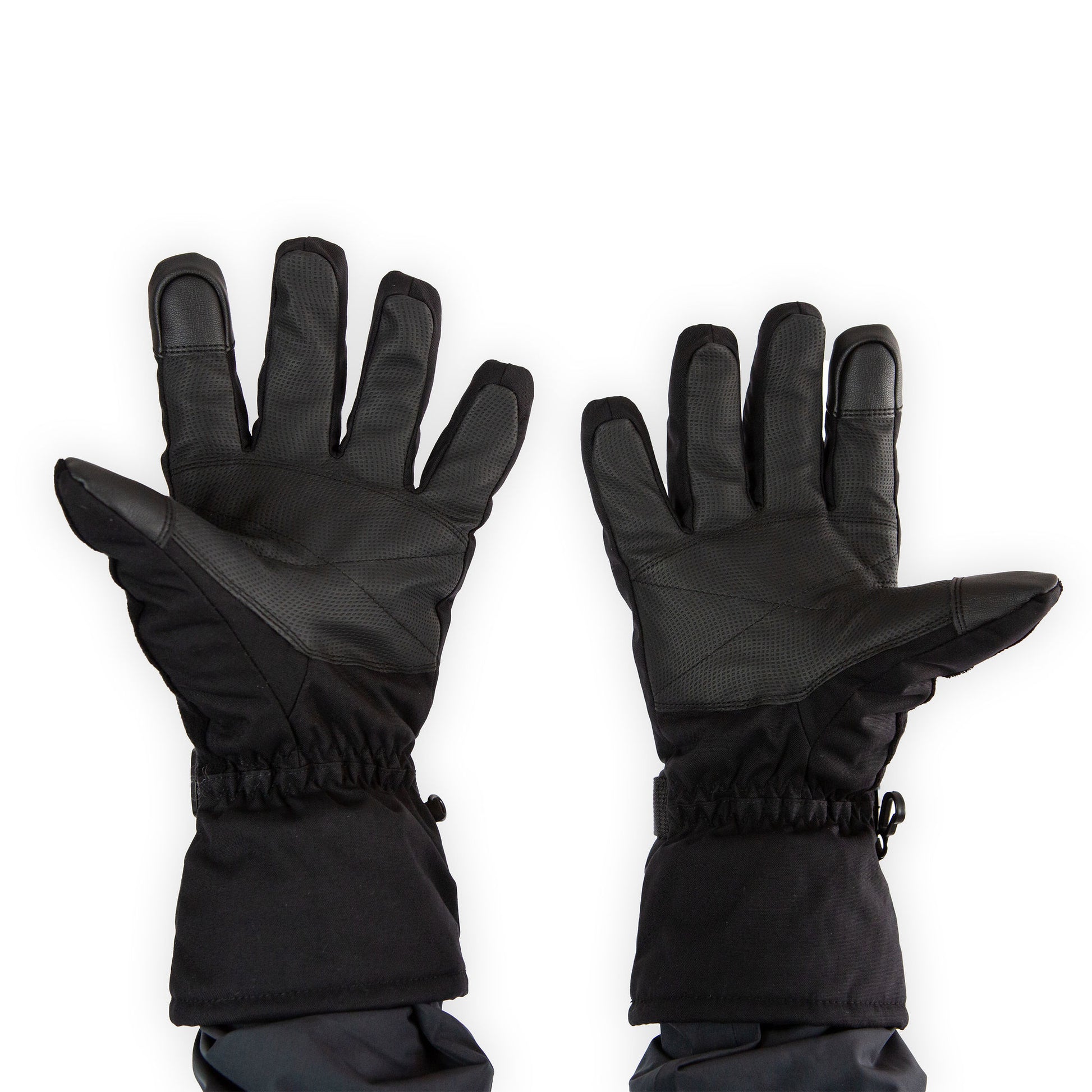 Three-quarter view of insulated ice gear jacket with hood and storm flaps