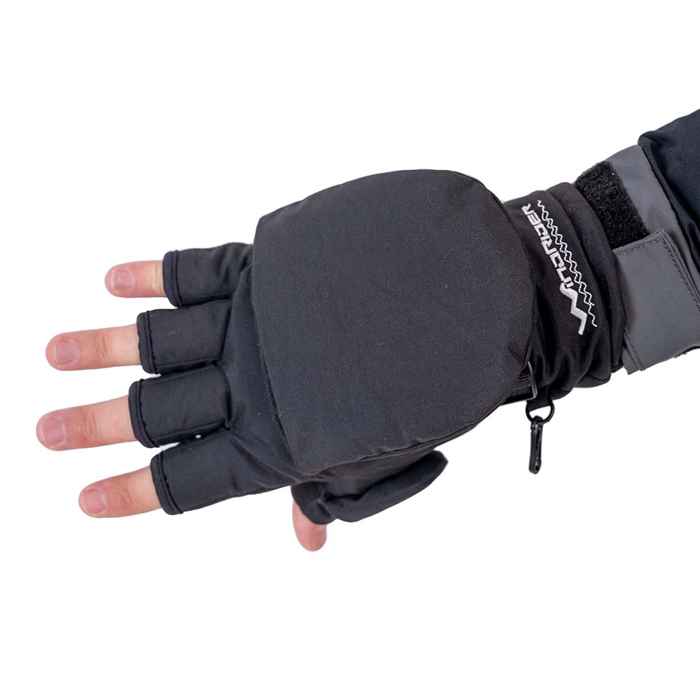 Detail view of charcoal grey ice gear jacket showing insulation and pocket features