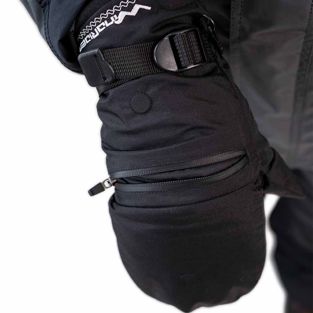 Detail of charcoal grey ice gear gear showing waterproof construction and features