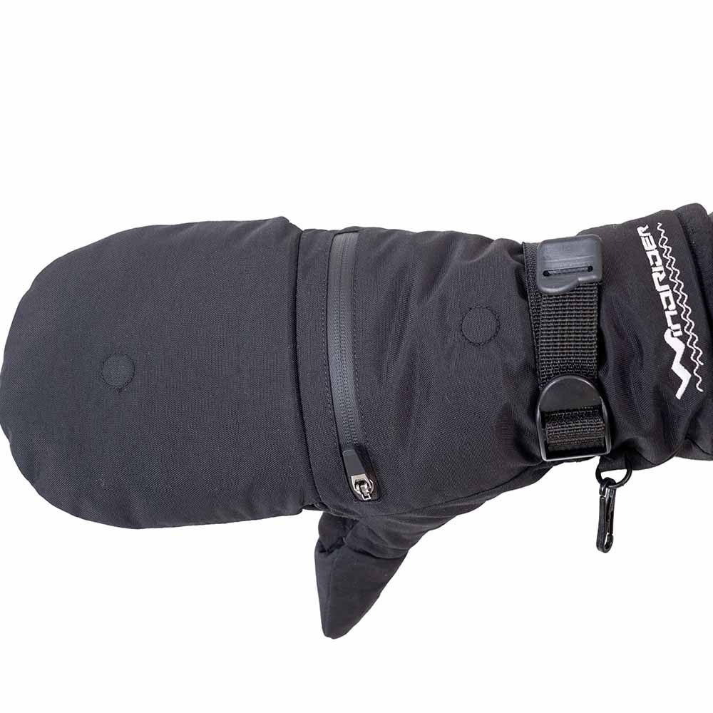 Detail of charcoal grey ice gear gear showing waterproof construction and features