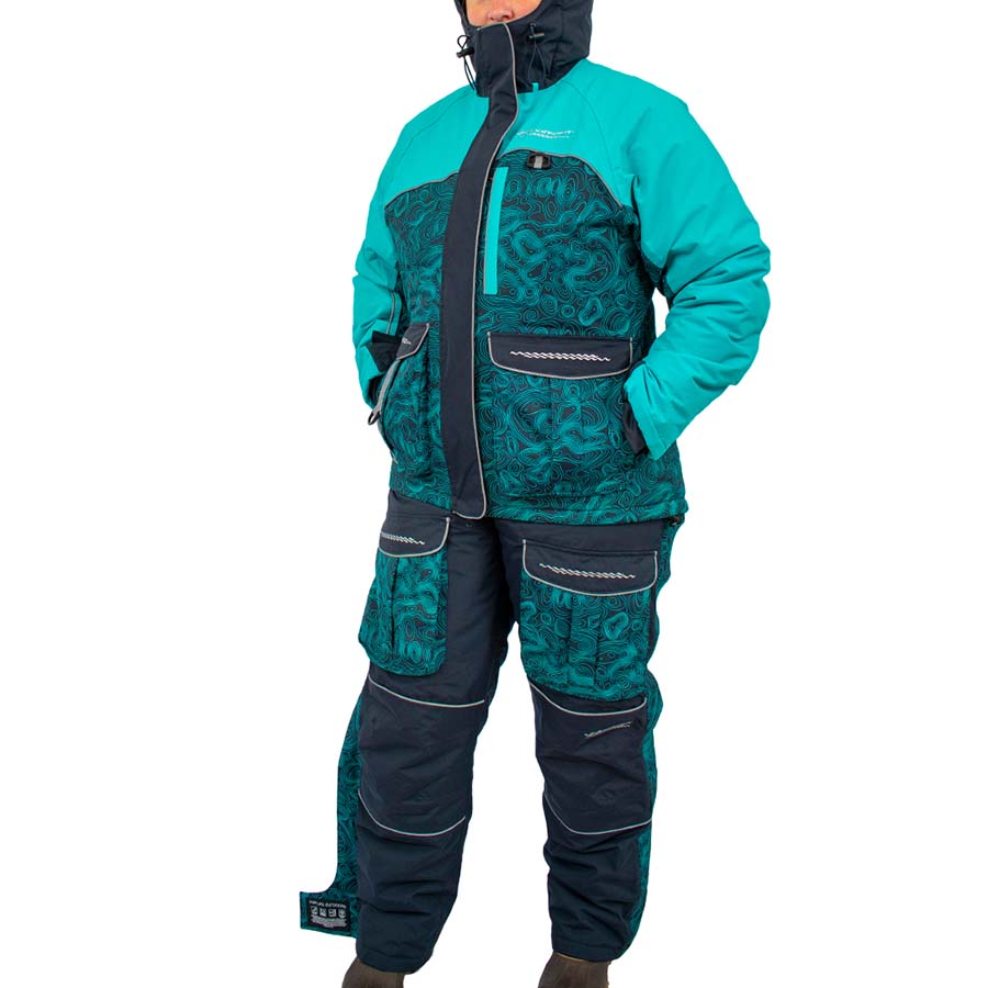 Detail of insulated ice gear gear showing waterproof construction and features