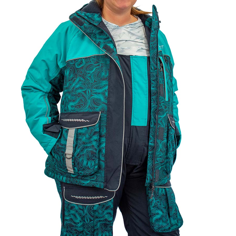 Insulated ice gear jacket detail showing durable construction