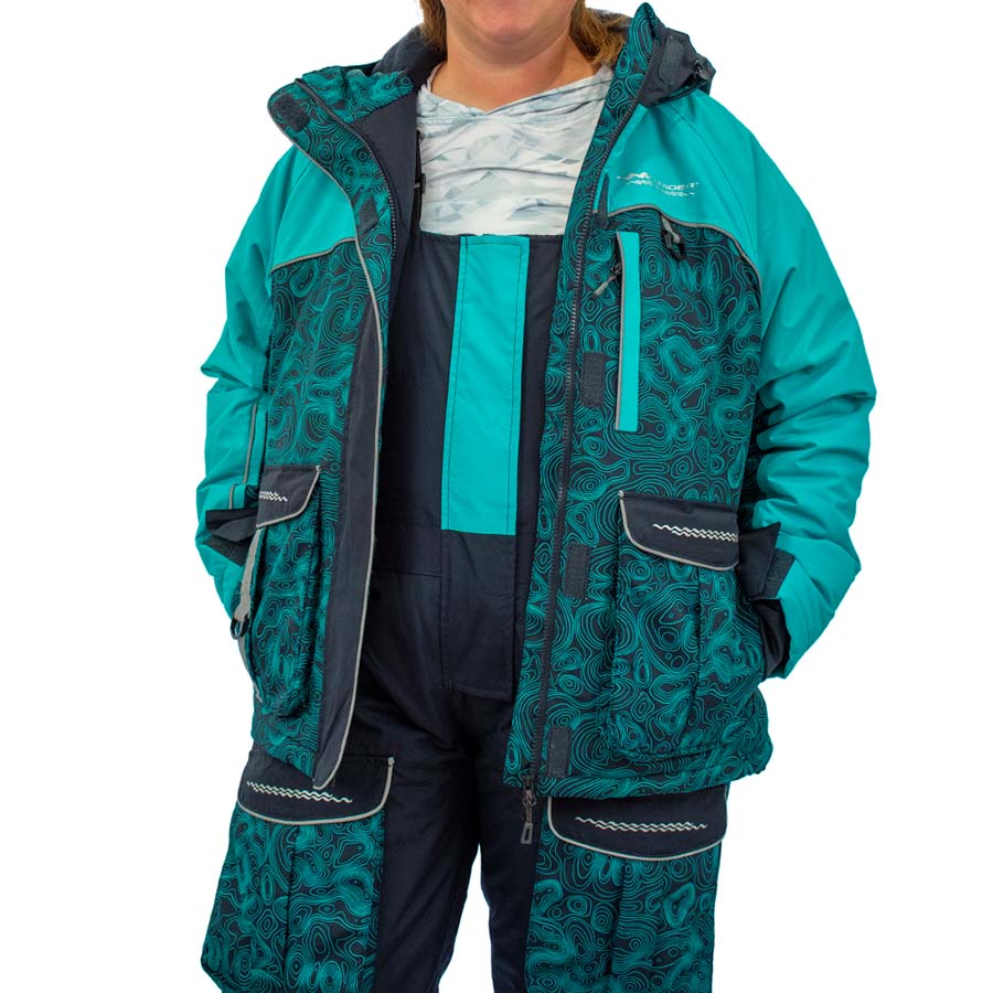 Side view of insulated ice gear jacket and bibs showing multiple cargo pockets