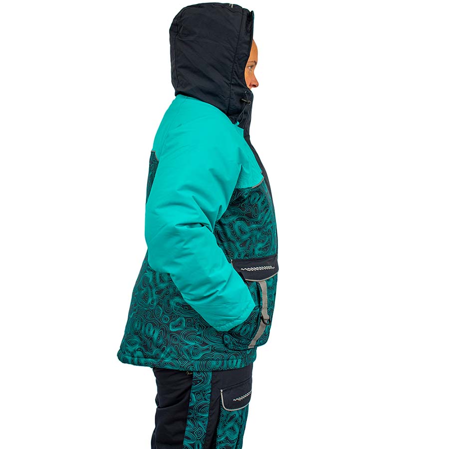 Detail of insulated ice gear gear showing waterproof construction and features