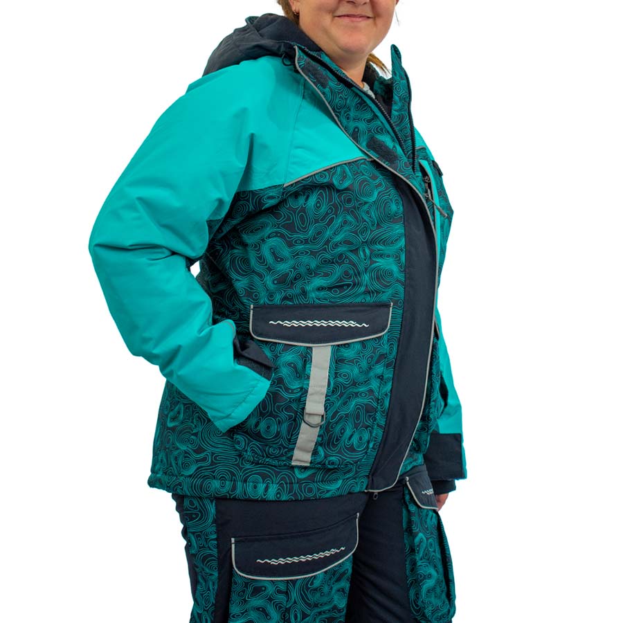 Detail of insulated ice gear gear showing waterproof construction and features