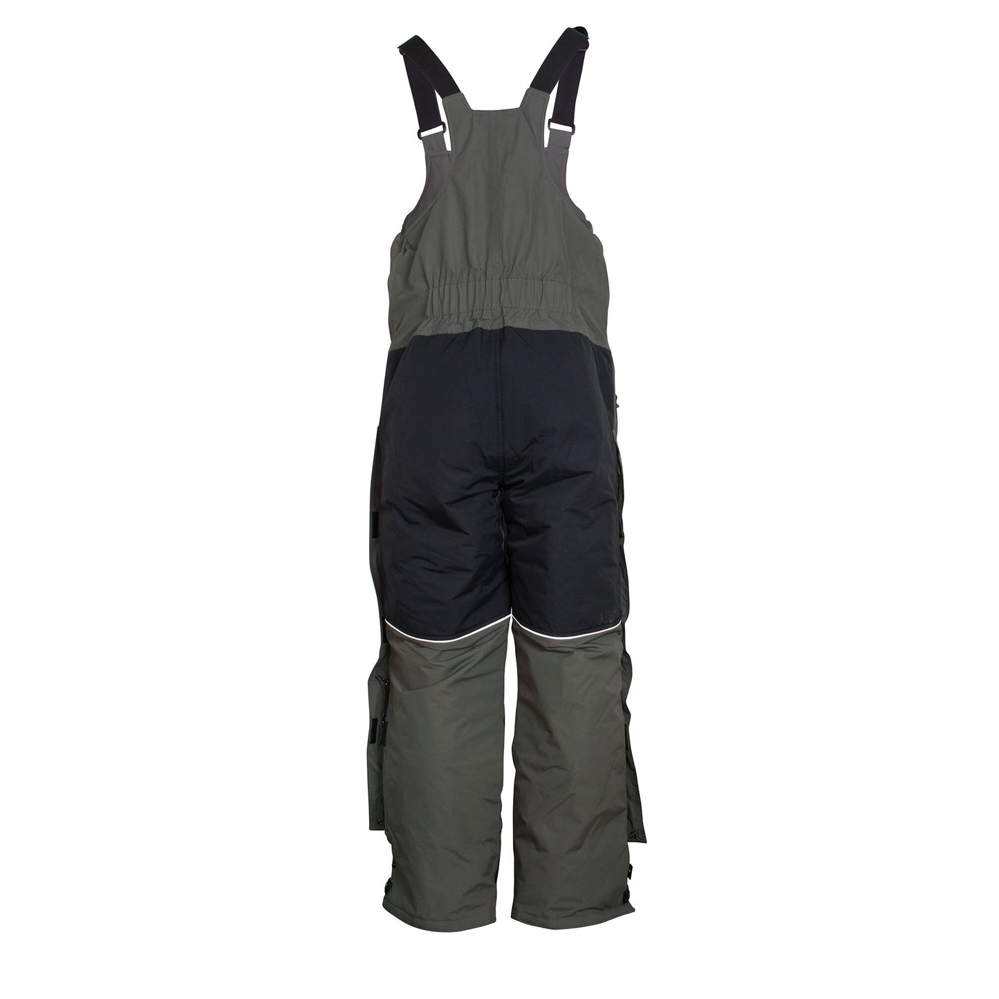 Grey and navy blue waterproof ice gear bibs showing functional design features