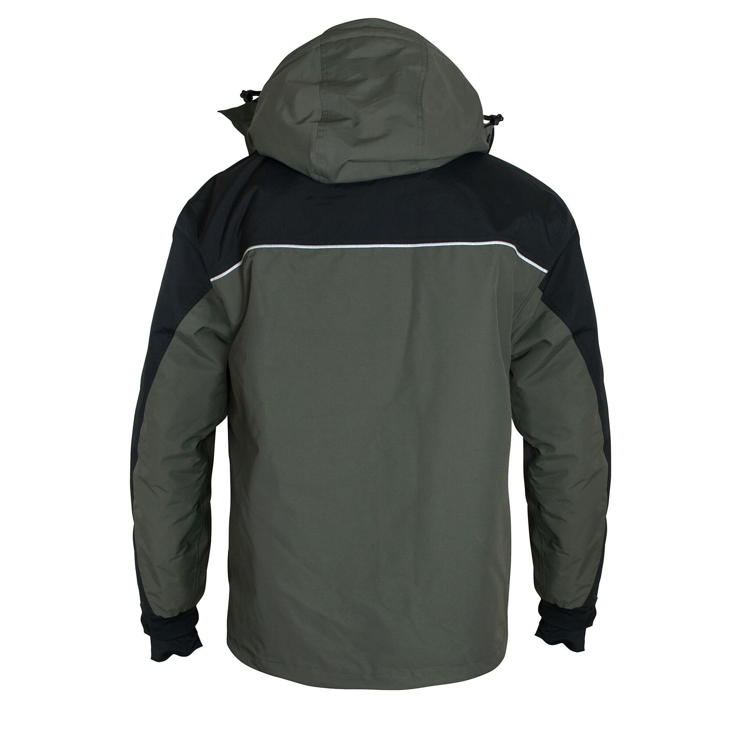 Grey and navy blue ice gear jacket detail showing durable construction