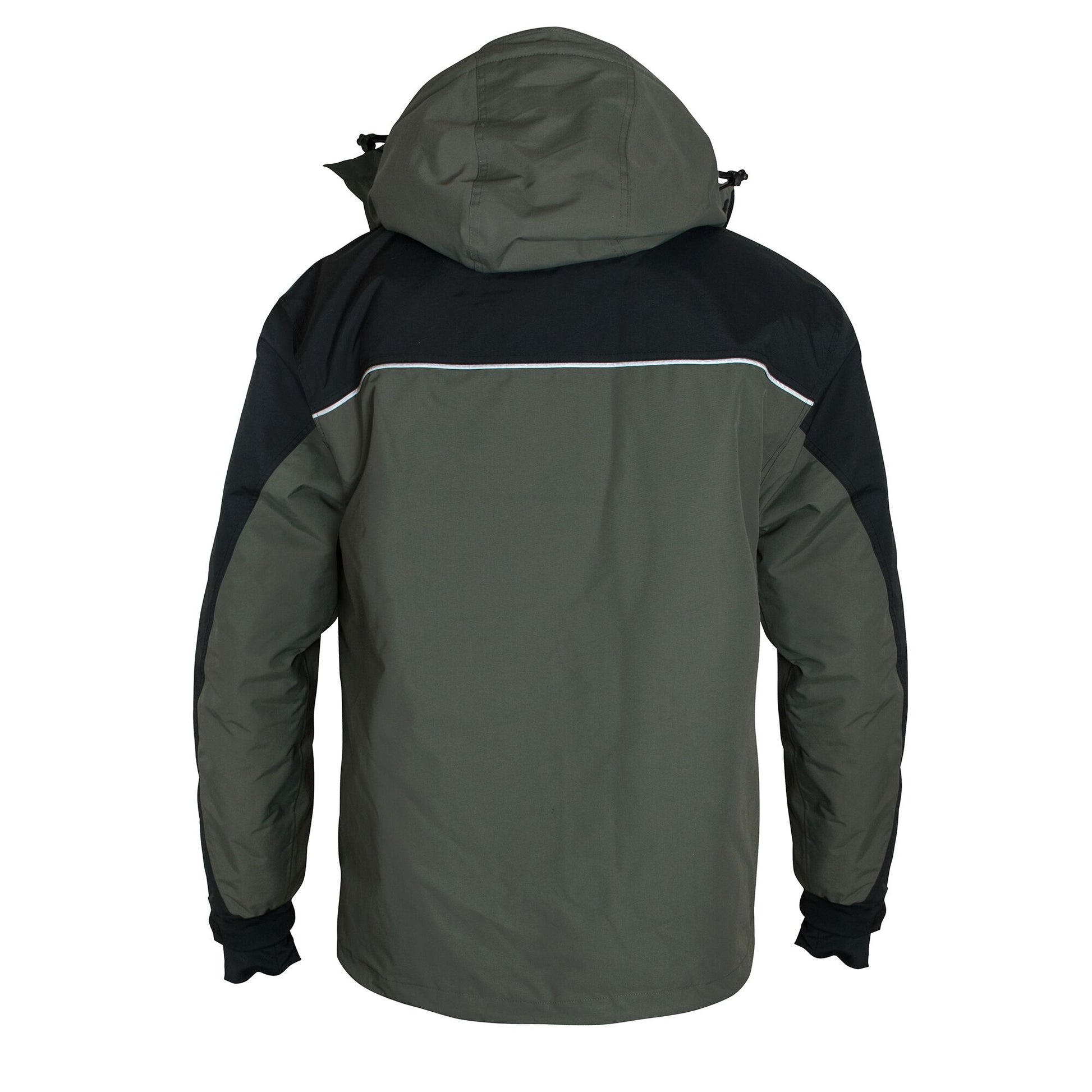 Grey and navy blue ice gear jacket detail showing durable construction