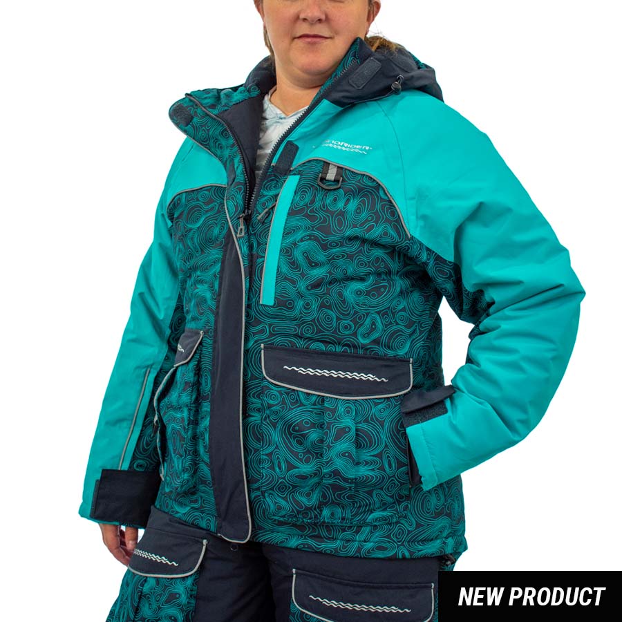 Detail view of insulated ice gear jacket showing insulation and pocket features